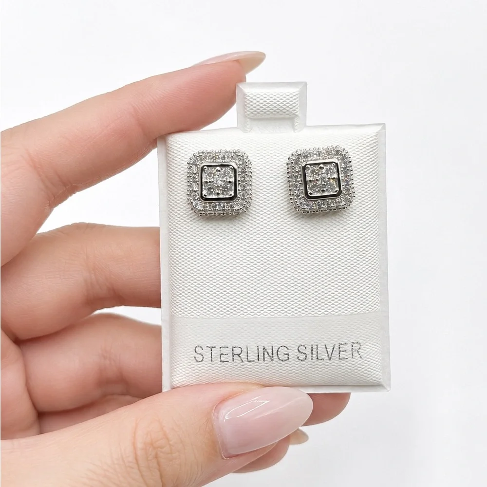 925 Sterling Silver Square Halo Stud Earrings 0.70CTW MOISSANITE